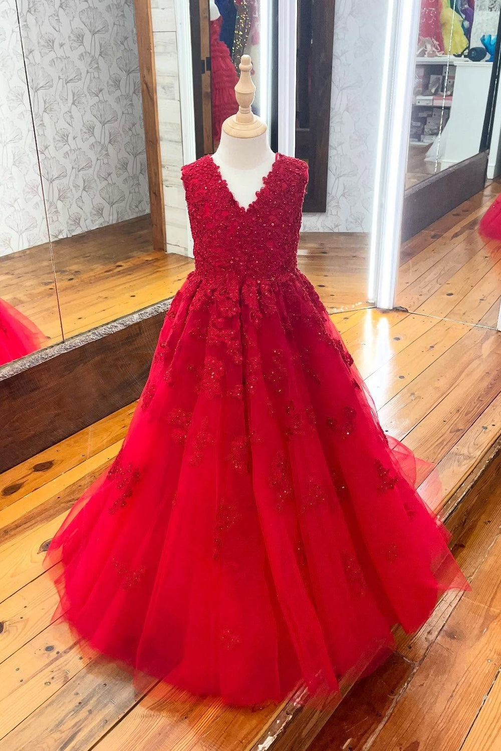 V-neck Red Appliques A-line Girl Pageant Dress