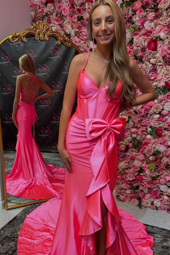 Red Long Sleeves V-Neck Evening Dress Mermaid With Slit On main image 0