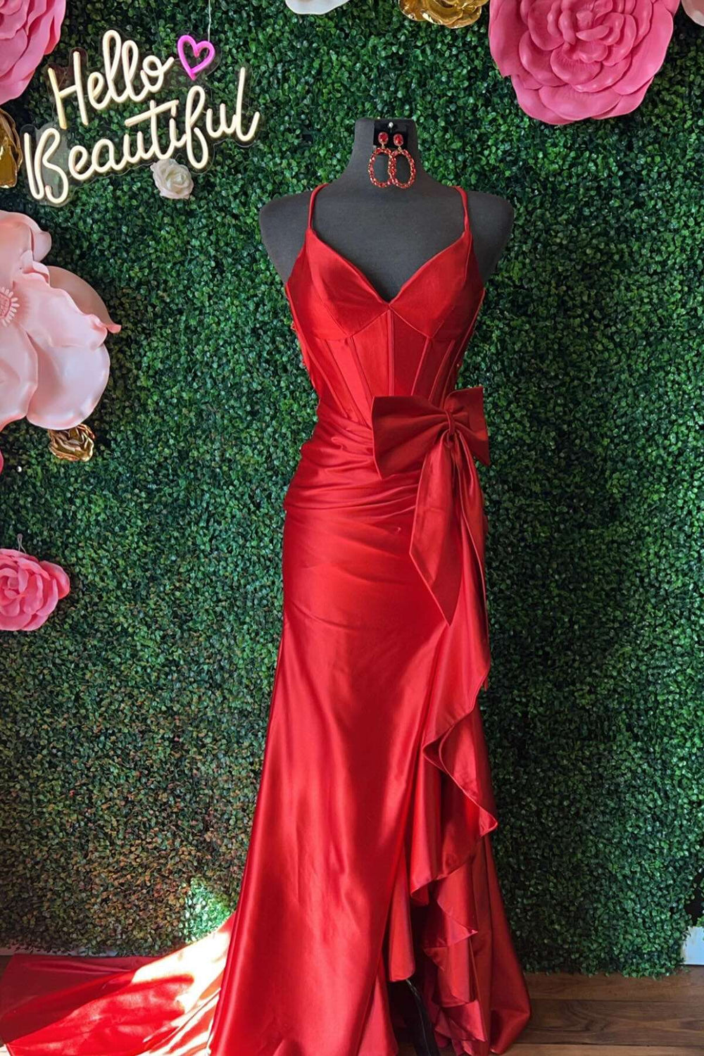 V-neck Red Bow Front Mermaid Long Dress with Slit