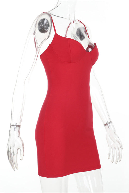 
                      
                        V-neck Red High Waist Bodycon Short Dress
                      
                    