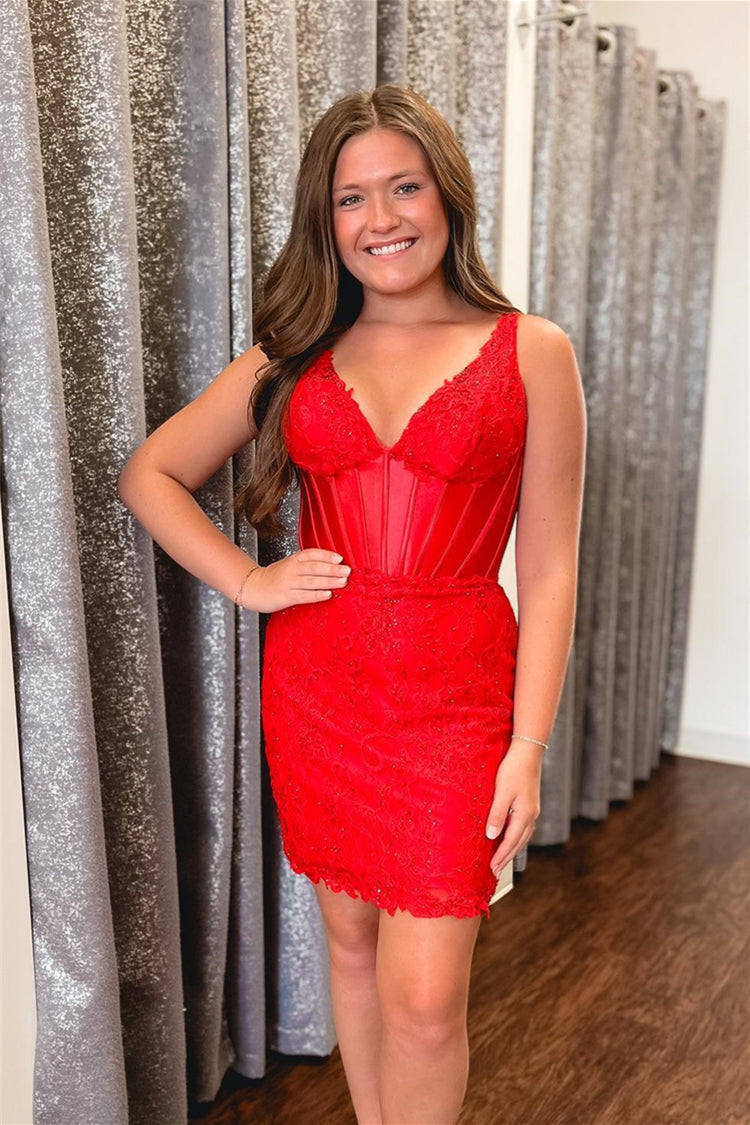 V-neck Red Lace Beaded Bodycon Short Dress – PollyBoutique