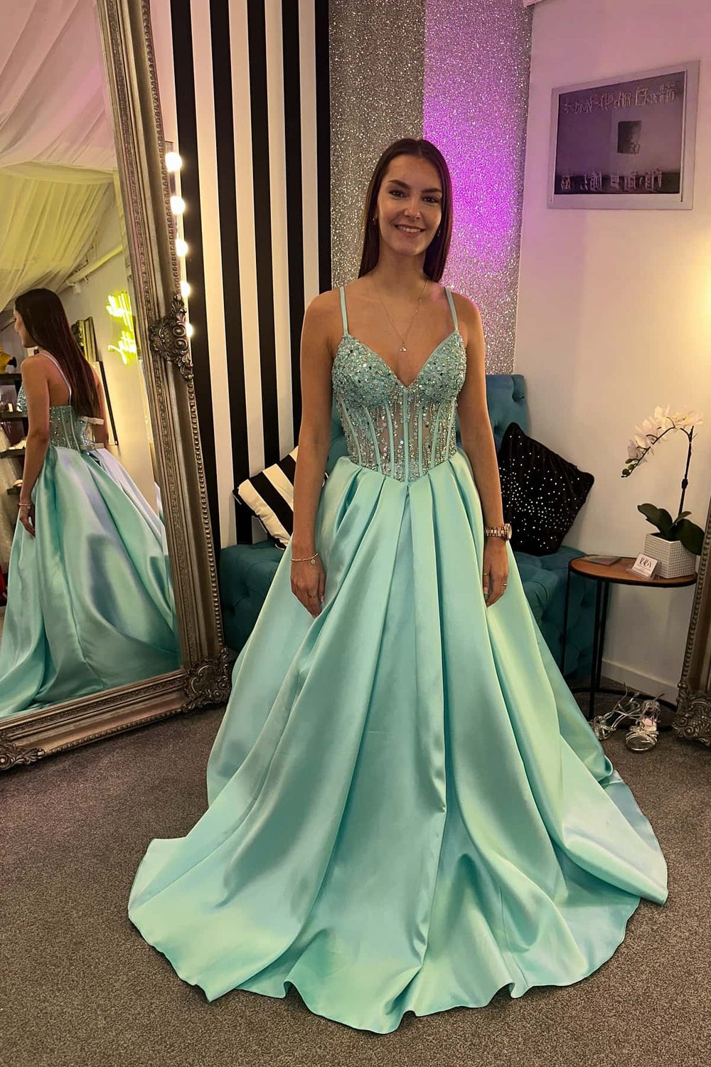 V-neck Sage Green Beaded Pleated A-line Long Dress  PollyBoutique