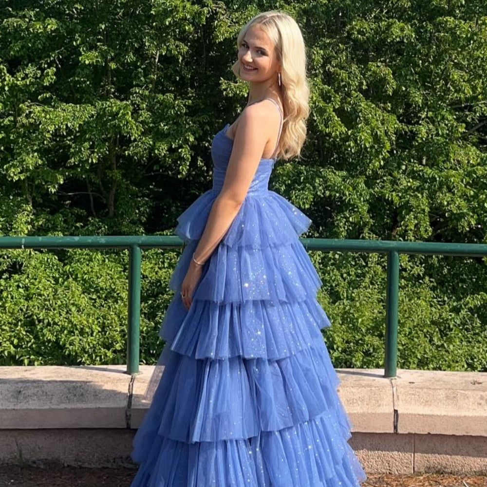 
                      
                        V-neck Sage Green Tiered Sparkle Tulle Long Dress
                      
                    