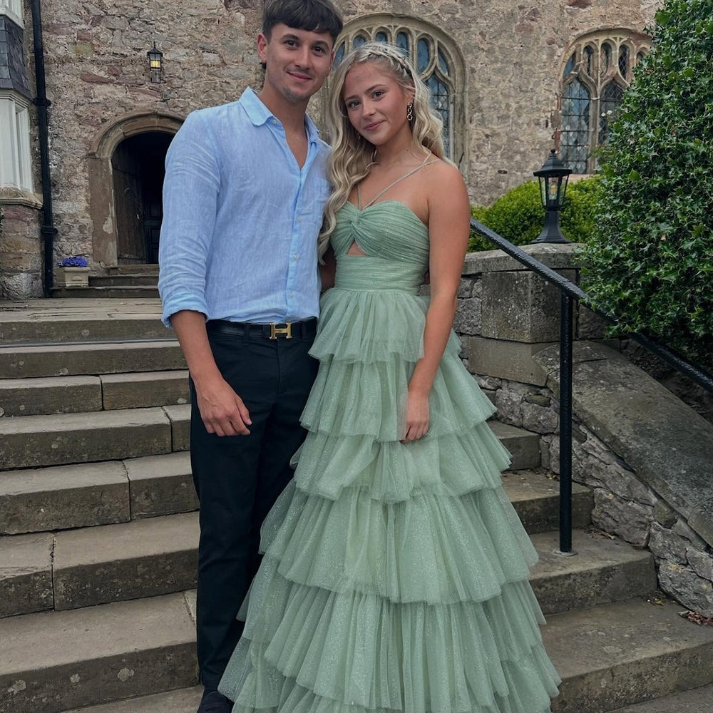 
                      
                        V-neck Sage Green Tiered Sparkle Tulle Long Dress
                      
                    