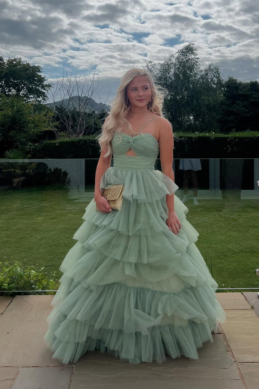 V-neck Sage Green Tiered Sparkle Tulle Long Dress