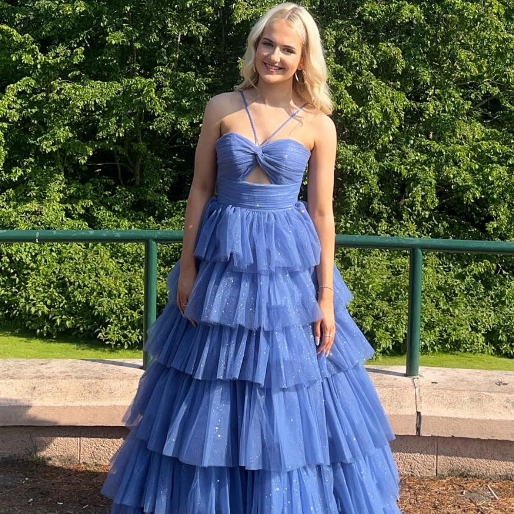
                      
                        V-neck Sage Green Tiered Sparkle Tulle Long Dress
                      
                    