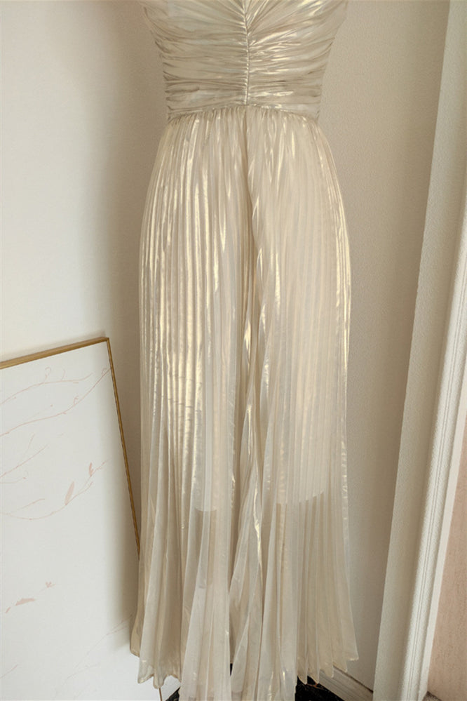 
                      
                        V-neck Silver Pleated A-line Long Dress
                      
                    