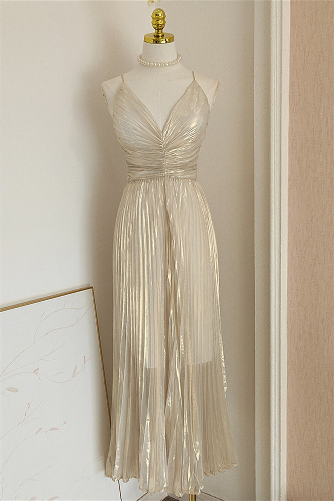 V-neck Silver Pleated A-line Long Dress