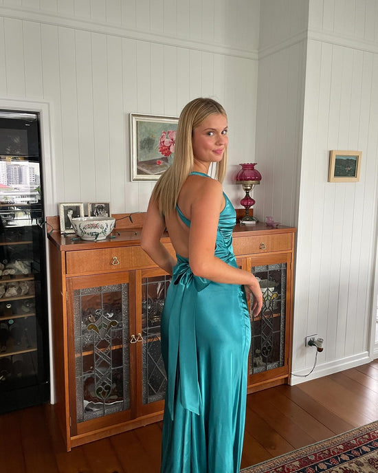 V-neck Chiffon Dress with Back Hem Slit Turquoise