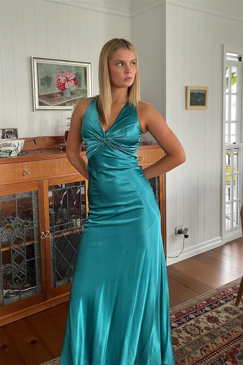 V-neck Turquoise Back Tie Sheath Long Dress