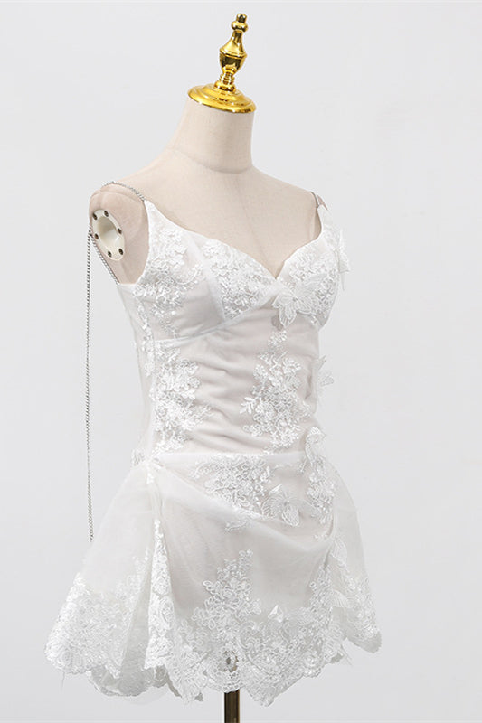
                      
                        V-neck White Appliques Irregular Hem Mini Dress
                      
                    