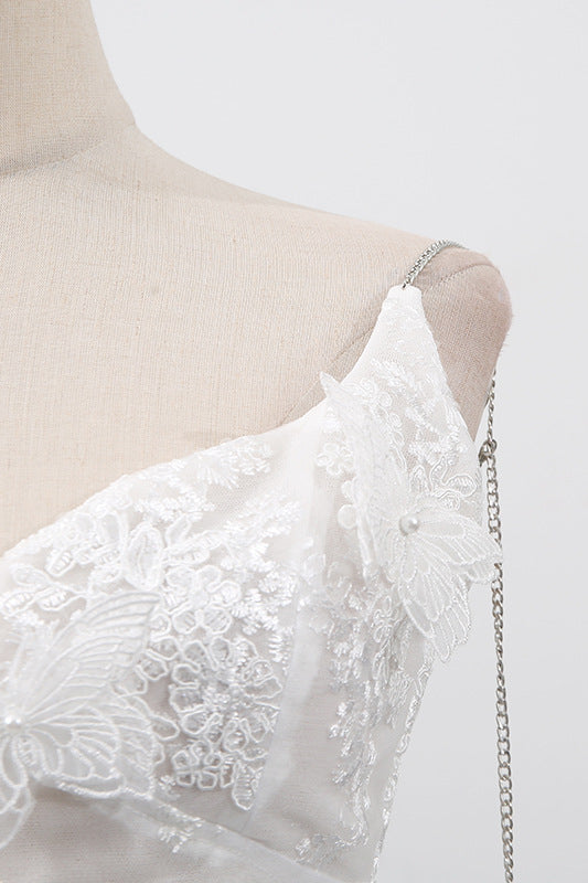 
                      
                        V-neck White Appliques Irregular Hem Mini Dress
                      
                    