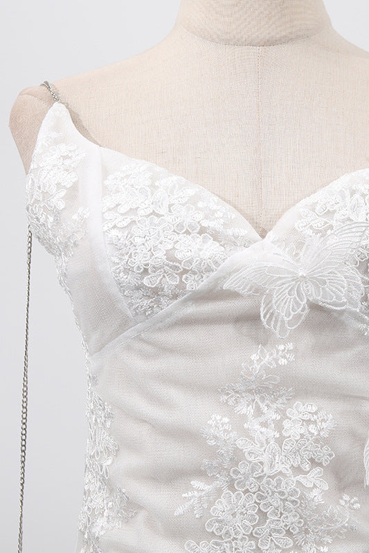 
                      
                        V-neck White Appliques Irregular Hem Mini Dress
                      
                    