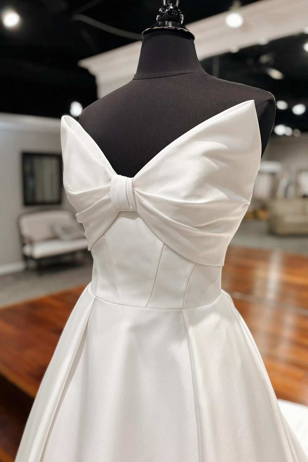 V-neck White Bow Front A-line Wedding Dress