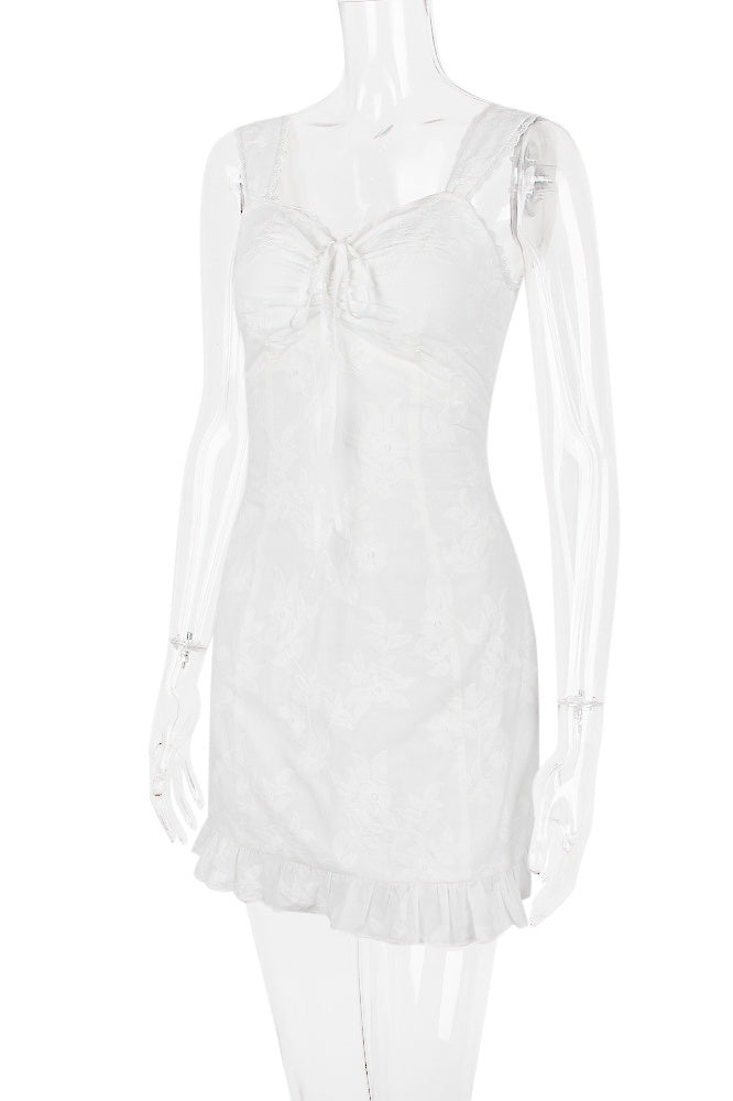 
                      
                        V-neck White Floral Ruffled Hem A-line Short Dress
                      
                    