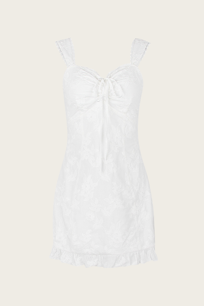 V-neck White Floral Ruffled Hem A-line Short Dress