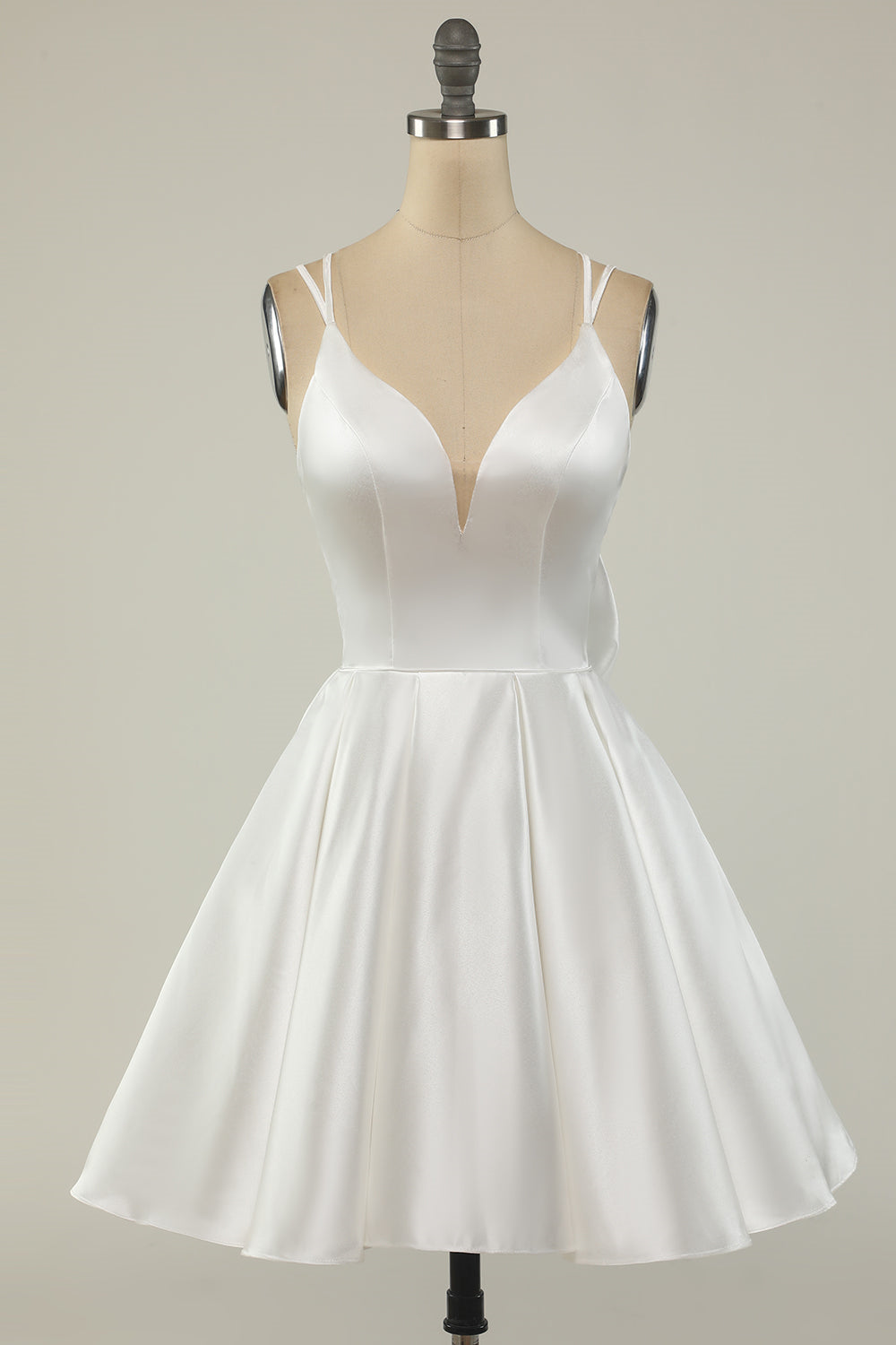 V-neck White Satin Short Dress with Double Straps