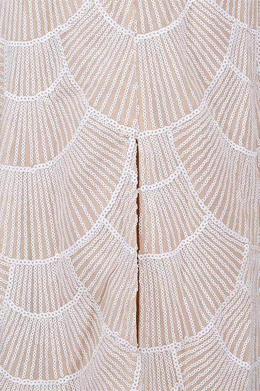 
                      
                        V-neck White Sequin Sheath Long Dress with Pearls
                      
                    