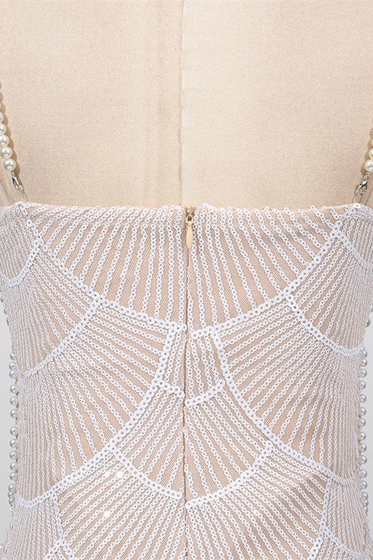 
                      
                        V-neck White Sequin Sheath Long Dress with Pearls
                      
                    
