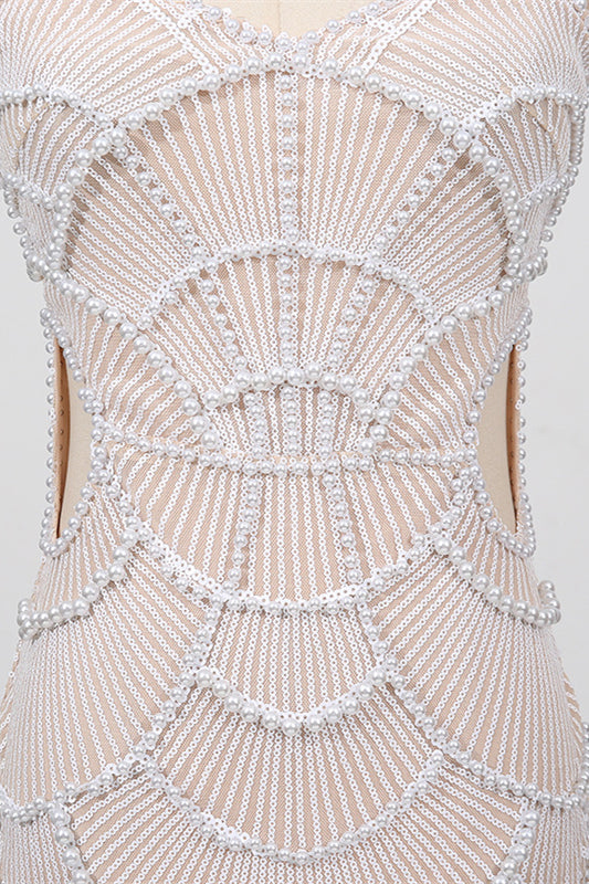 
                      
                        V-neck White Sequin Sheath Long Dress with Pearls
                      
                    