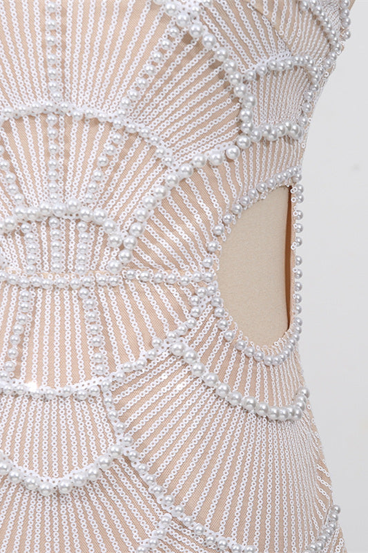 
                      
                        V-neck White Sequin Sheath Long Dress with Pearls
                      
                    