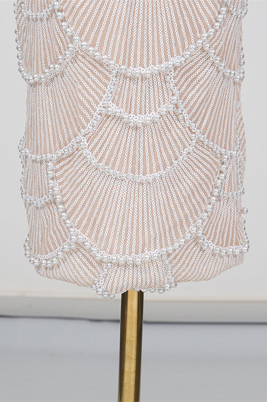 
                      
                        V-neck White Sequin Sheath Long Dress with Pearls
                      
                    