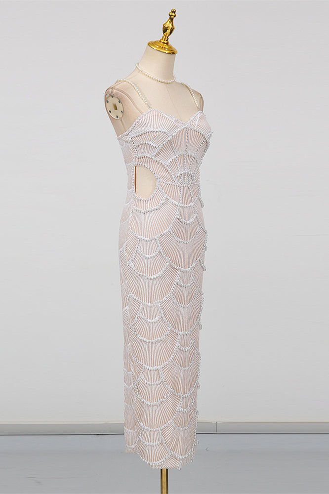 
                      
                        V-neck White Sequin Sheath Long Dress with Pearls
                      
                    