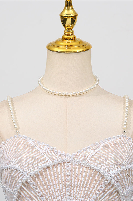 
                      
                        V-neck White Sequin Sheath Long Dress with Pearls
                      
                    