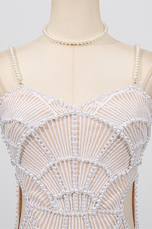 
                      
                        V-neck White Sequin Sheath Long Dress with Pearls
                      
                    