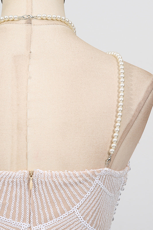 
                      
                        V-neck White Sequin Sheath Long Dress with Pearls
                      
                    