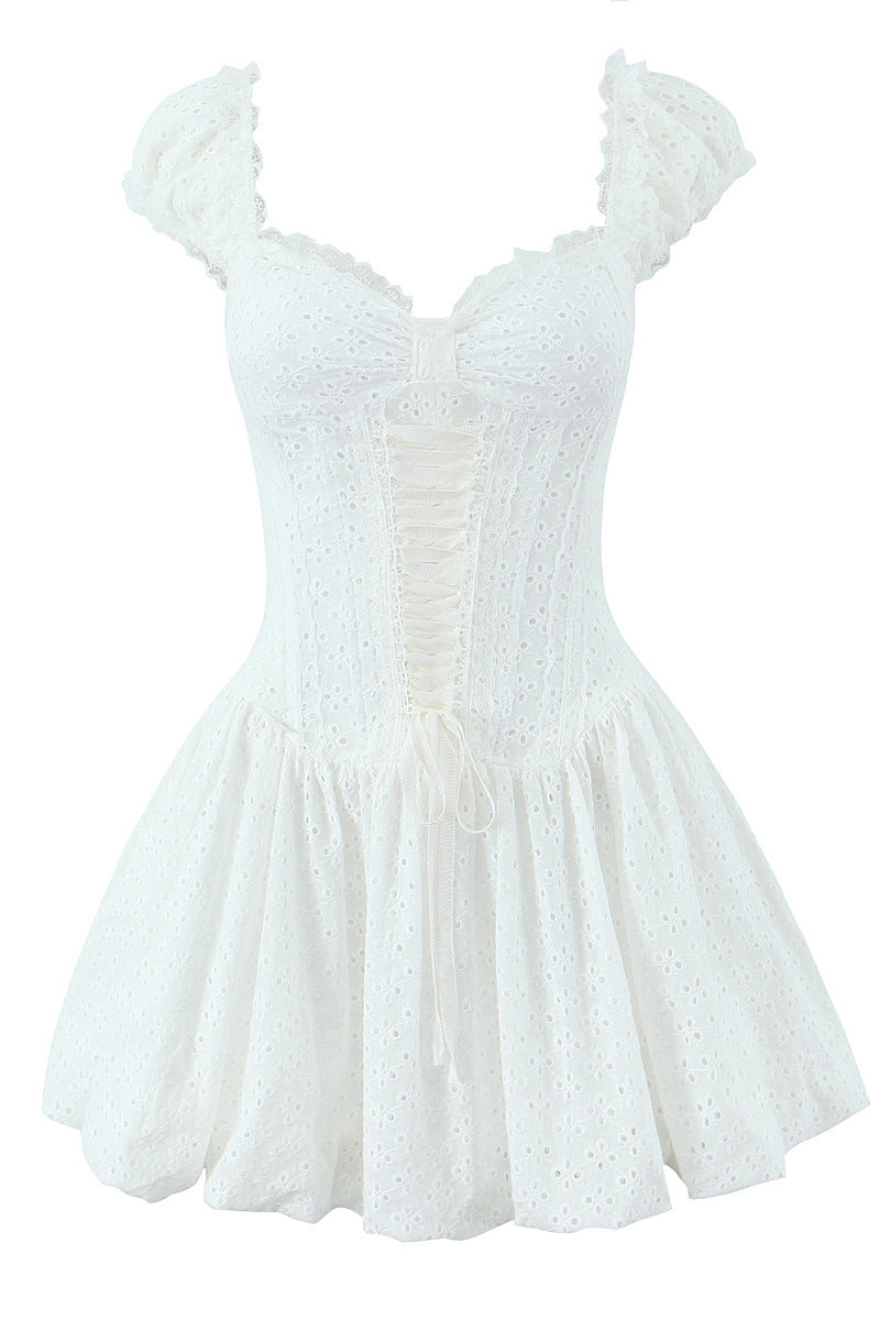 V-neck White Tie Front Lace Embroidery Short Dress