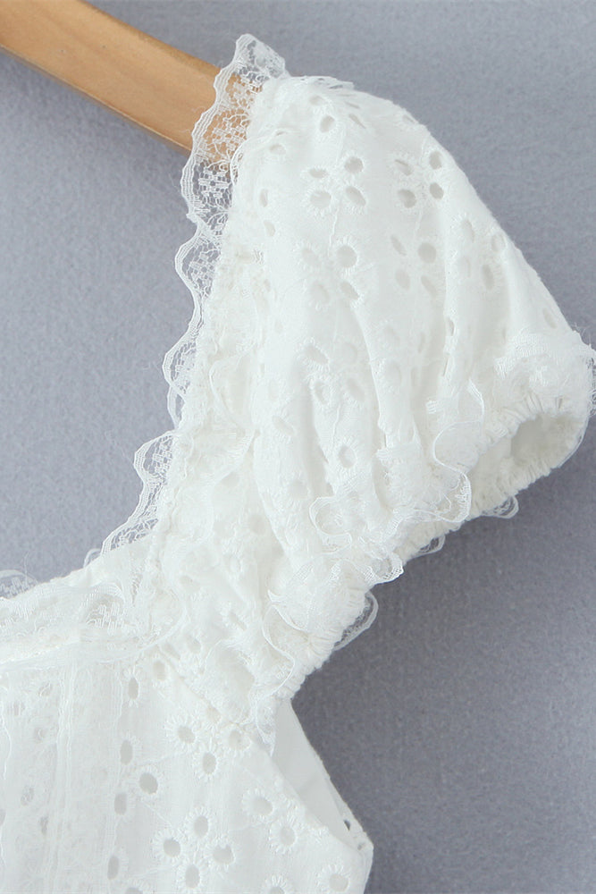 
                      
                        V-neck White Tie Front Lace Embroidery Short Dress
                      
                    