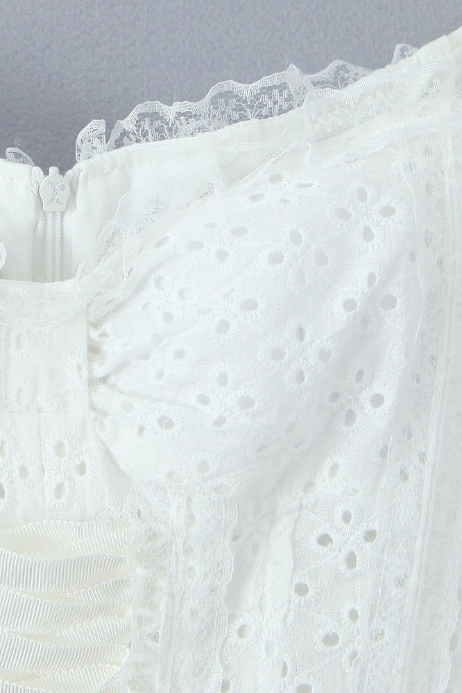 
                      
                        V-neck White Tie Front Lace Embroidery Short Dress
                      
                    
