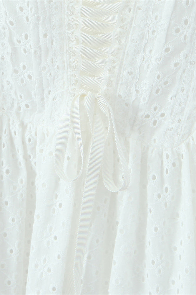 
                      
                        V-neck White Tie Front Lace Embroidery Short Dress
                      
                    