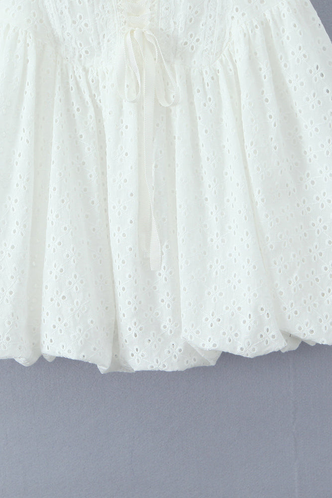 
                      
                        V-neck White Tie Front Lace Embroidery Short Dress
                      
                    