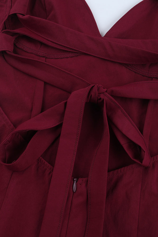 
                      
                        V-neck Wine Red Ruffled Hem Long Dress with Slit
                      
                    