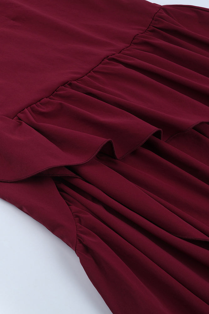 
                      
                        V-neck Wine Red Ruffled Hem Long Dress with Slit
                      
                    