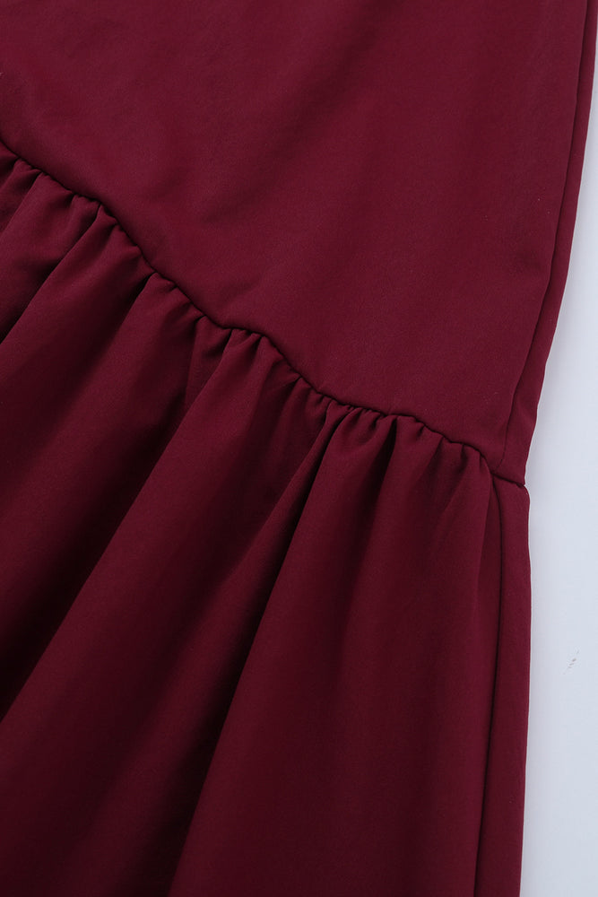 
                      
                        V-neck Wine Red Ruffled Hem Long Dress with Slit
                      
                    