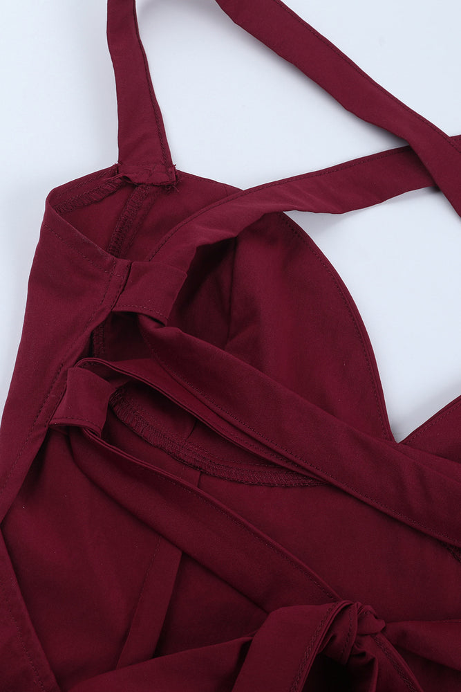 
                      
                        V-neck Wine Red Ruffled Hem Long Dress with Slit
                      
                    