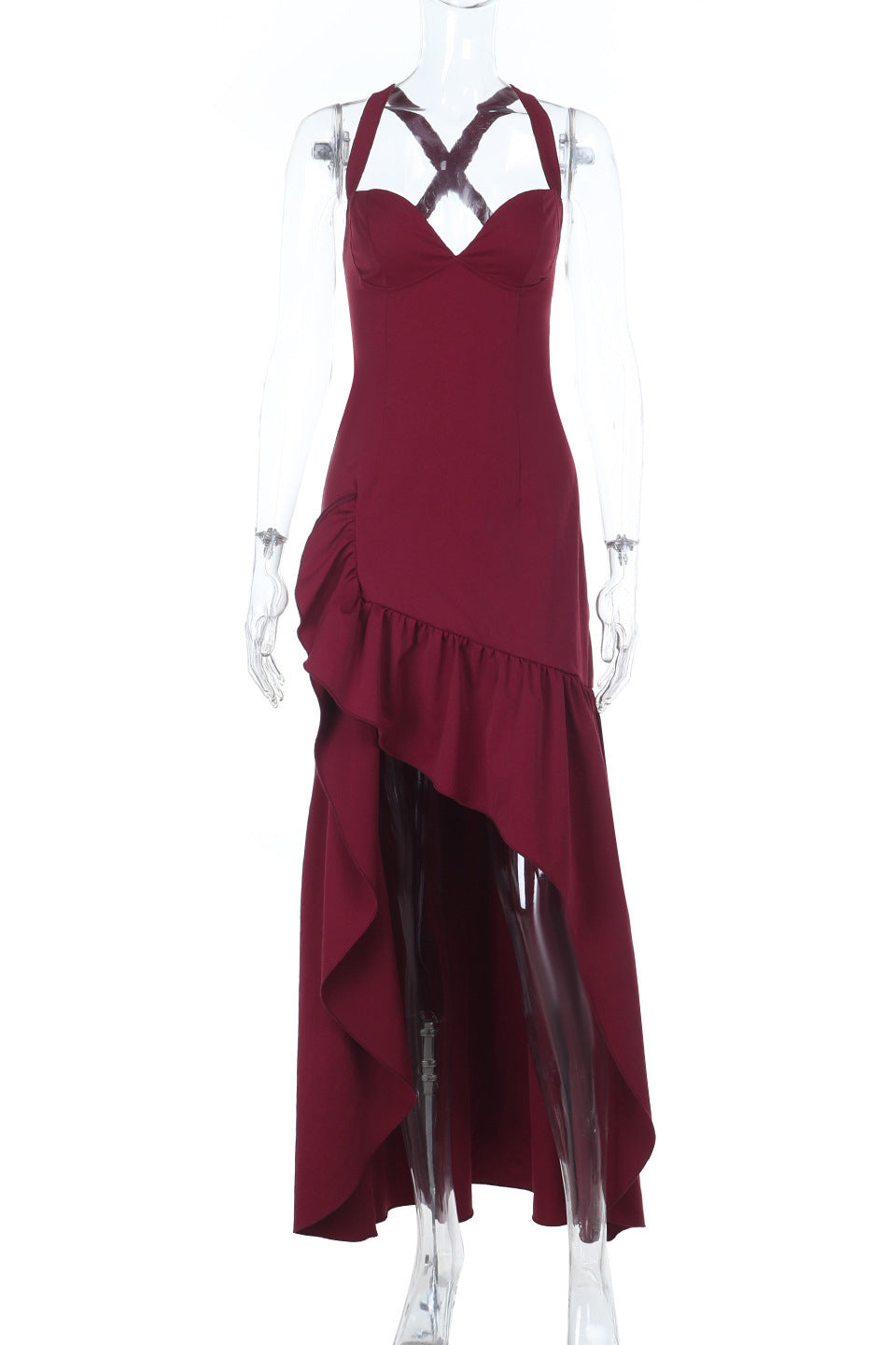 V-neck Wine Red Ruffled Hem Long Dress with Slit