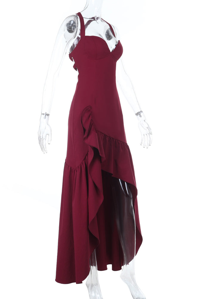 
                      
                        V-neck Wine Red Ruffled Hem Long Dress with Slit
                      
                    