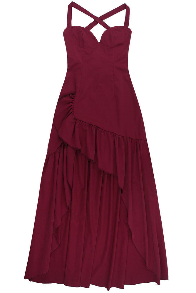 
                      
                        V-neck Wine Red Ruffled Hem Long Dress with Slit
                      
                    