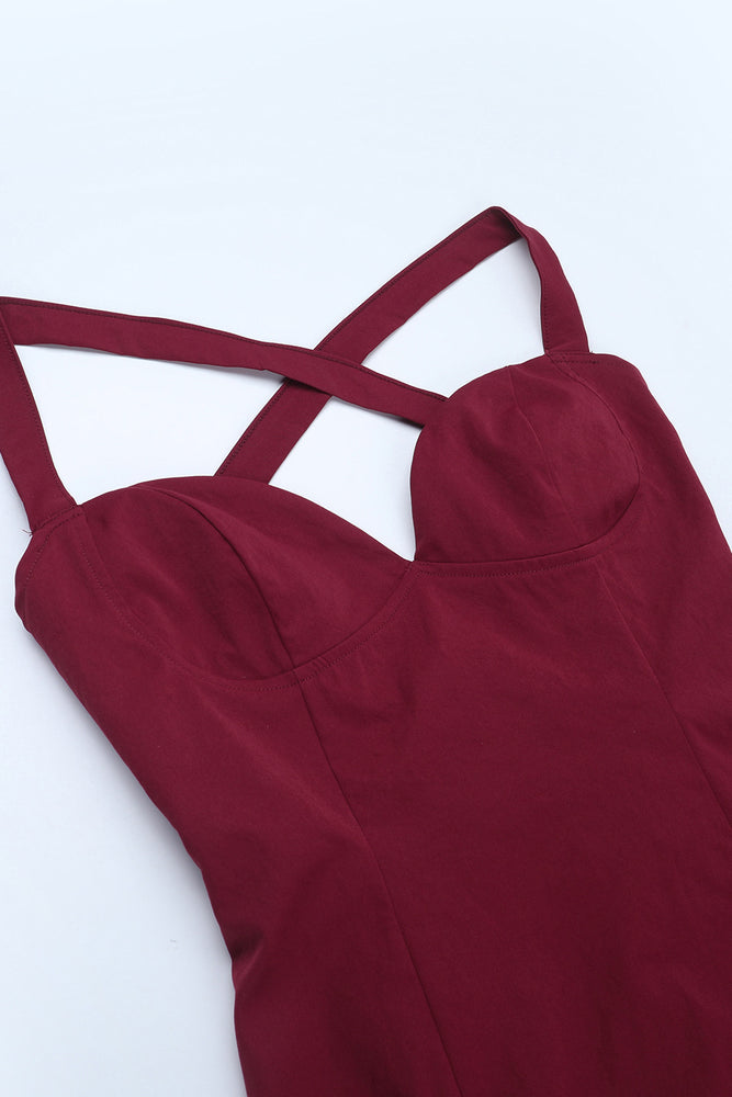 
                      
                        V-neck Wine Red Ruffled Hem Long Dress with Slit
                      
                    