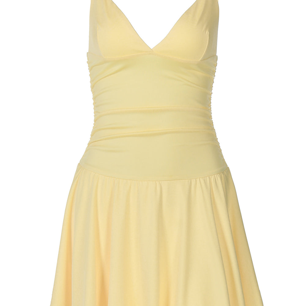 
                      
                        V-neck Yellow A-line Short Dress
                      
                    