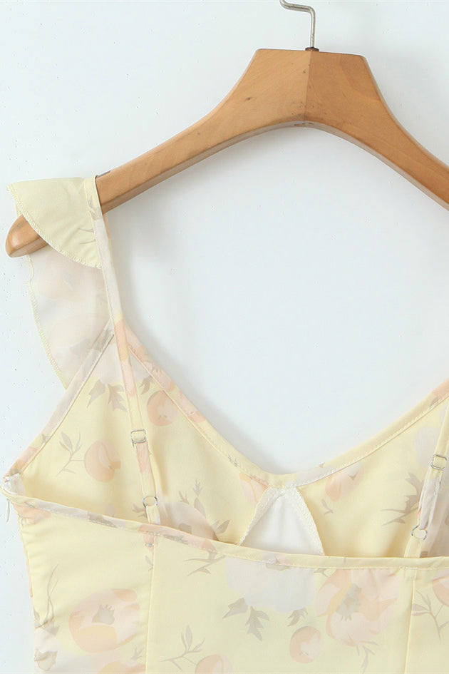 
                      
                        V-neck Yellow Floral Print Ruffled Hem Short Dress
                      
                    