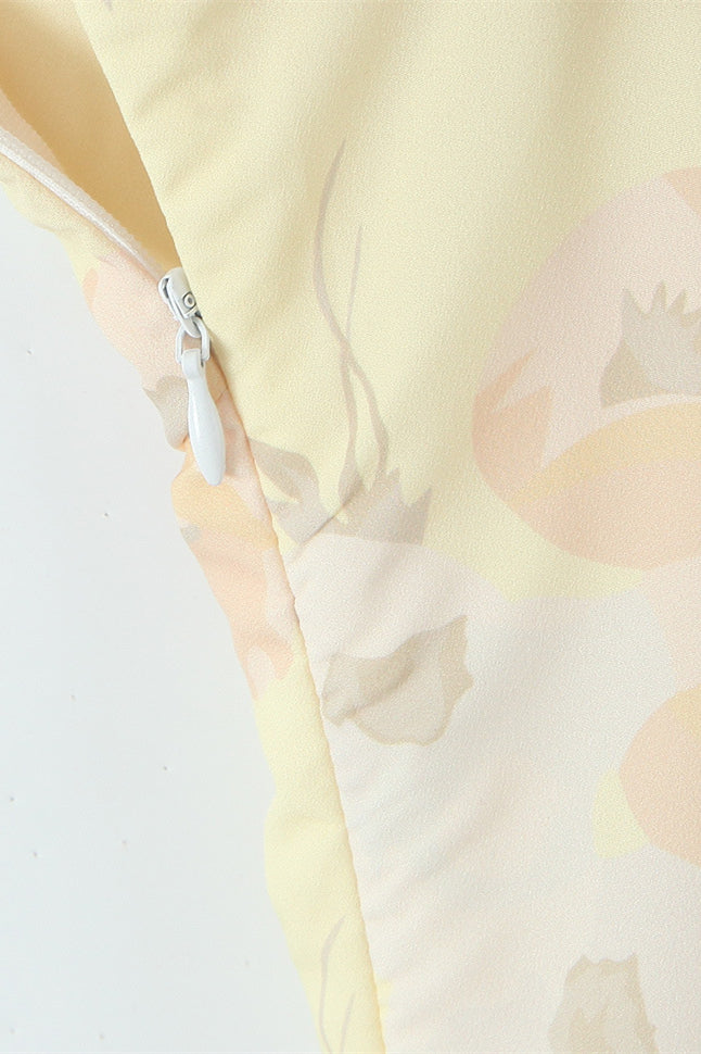 
                      
                        V-neck Yellow Floral Print Ruffled Hem Short Dress
                      
                    