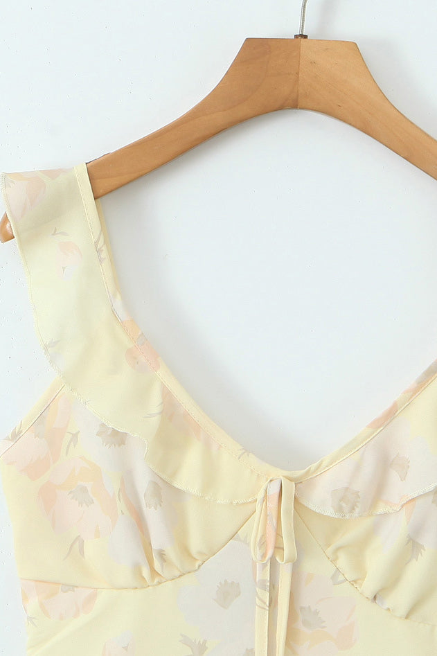 
                      
                        V-neck Yellow Floral Print Ruffled Hem Short Dress
                      
                    