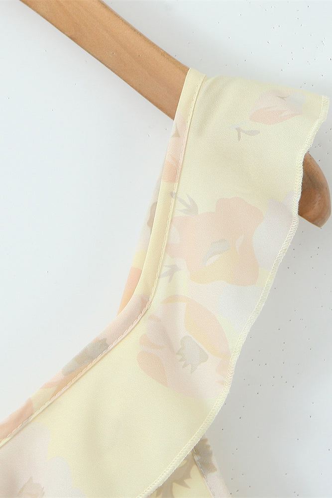 
                      
                        V-neck Yellow Floral Print Ruffled Hem Short Dress
                      
                    