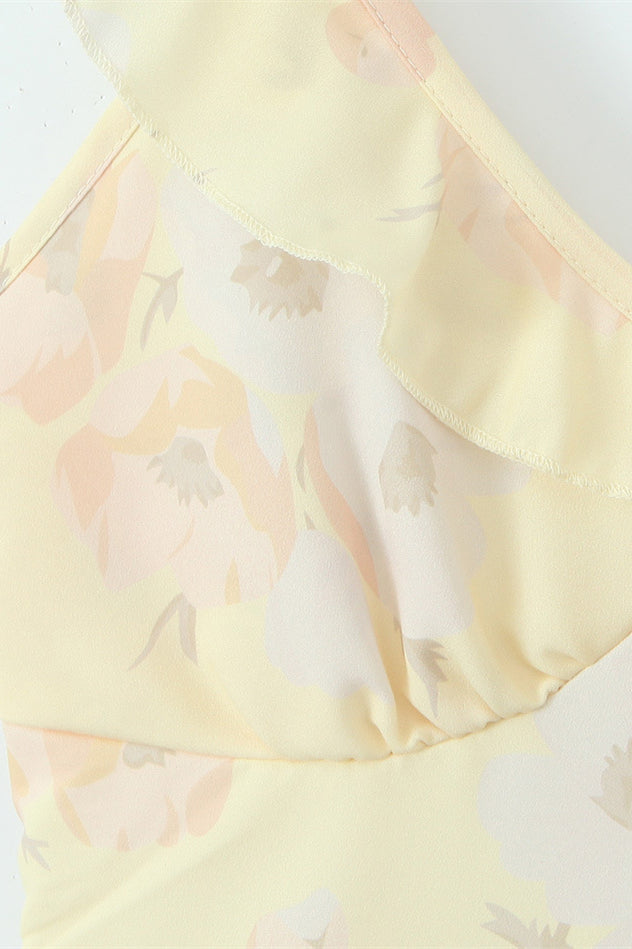 
                      
                        V-neck Yellow Floral Print Ruffled Hem Short Dress
                      
                    
