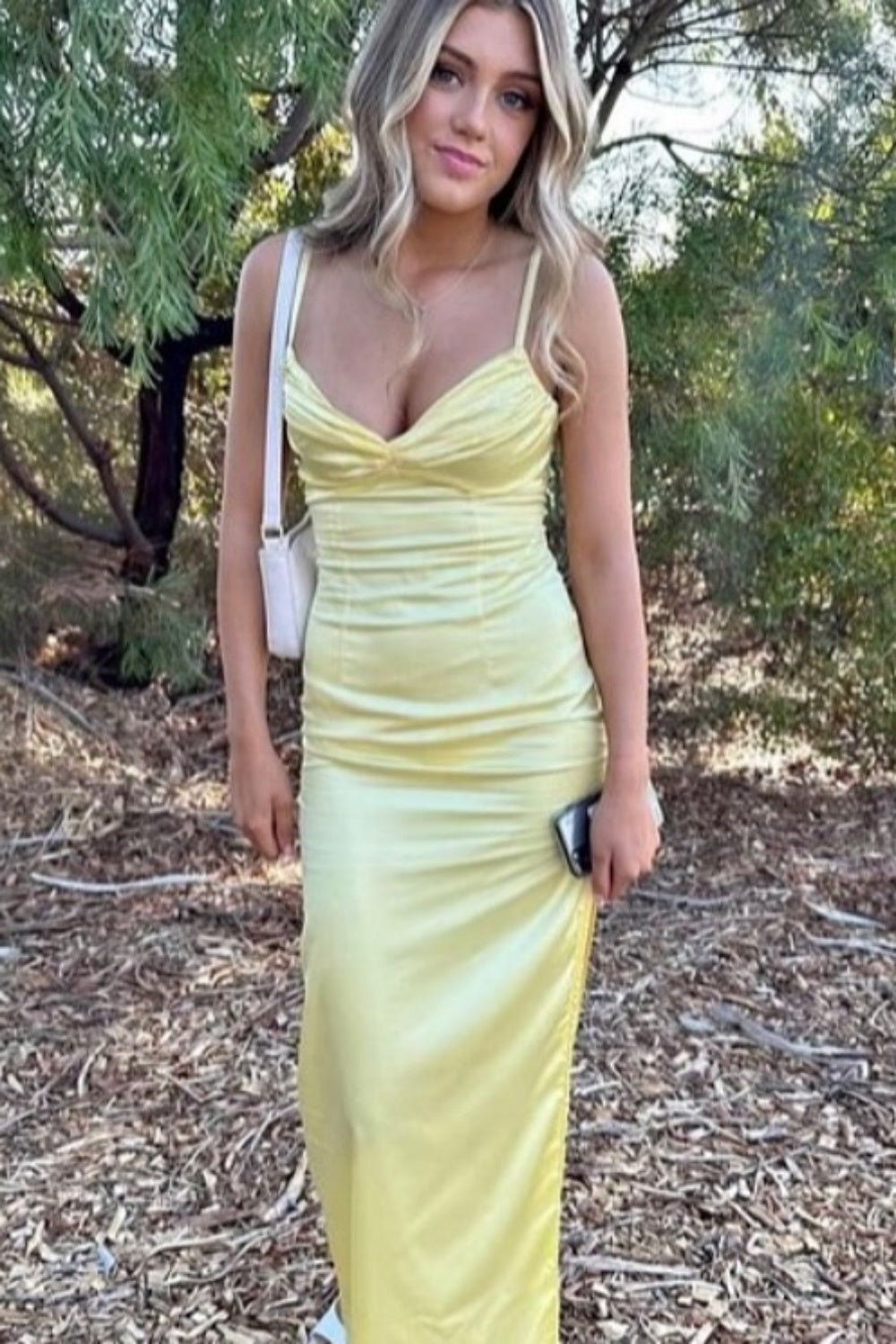 V-neck Yellow Gathered Bust Long Dress with Slit